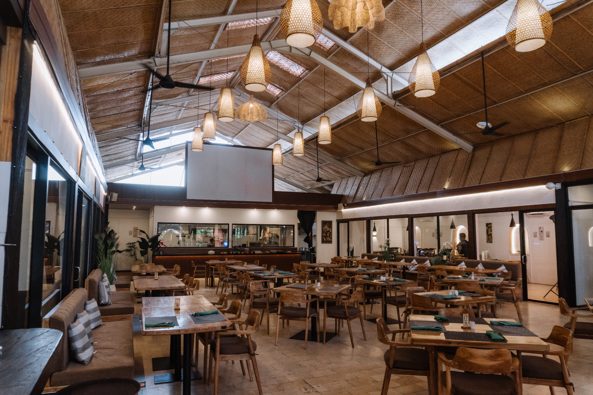 Sanskar Ubud main dining hall with bamboo pendant lights